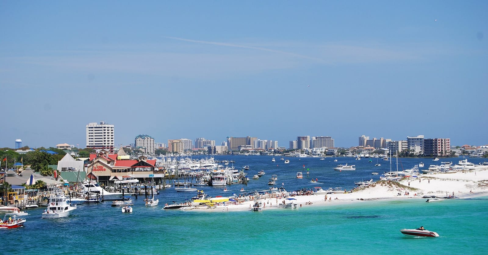 Boats and the shoreline at Destin Harbor on the Emerald Coast