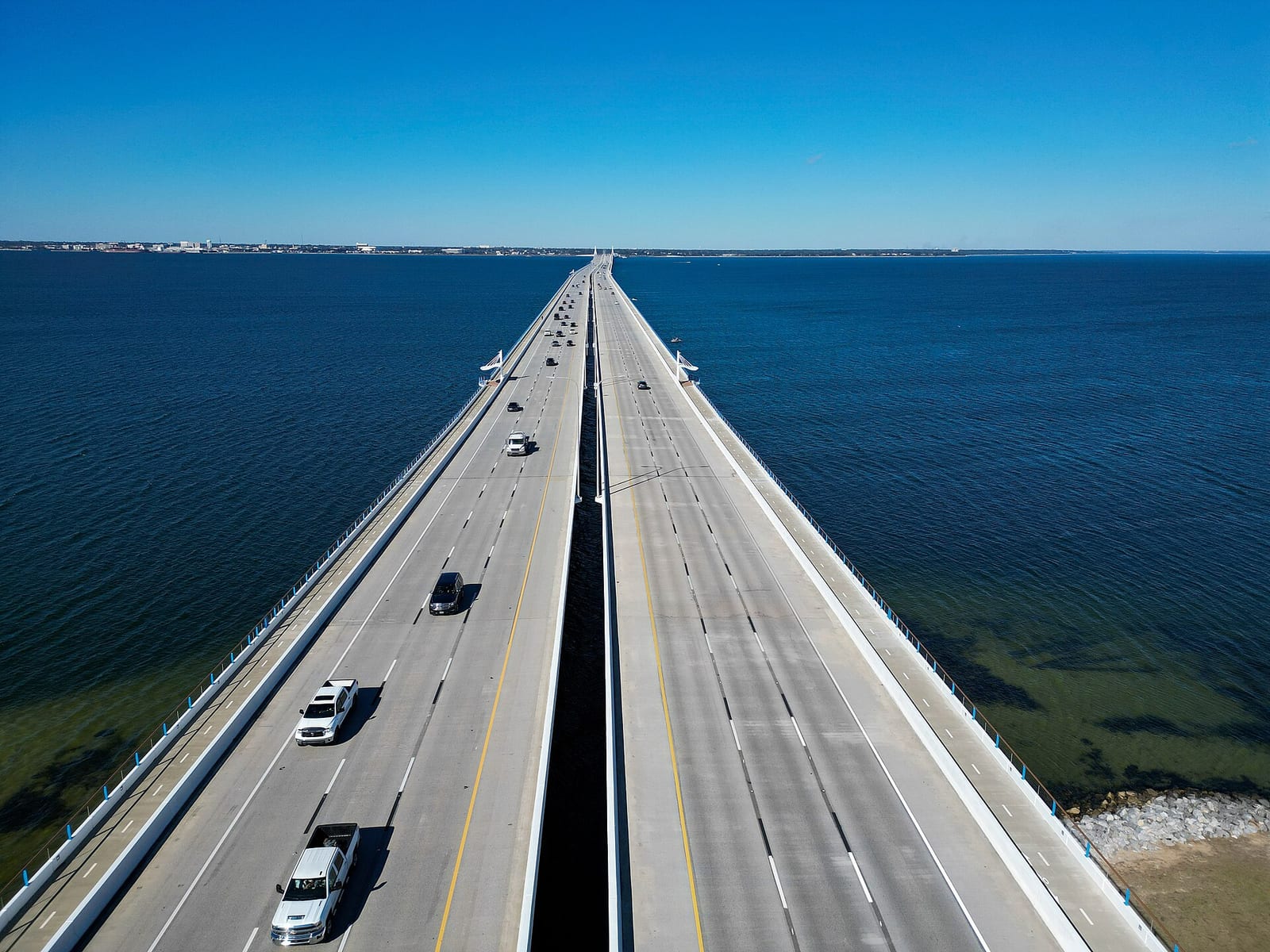 Looking north over both spans of the Three Mile Bridge across Pensacola Bay